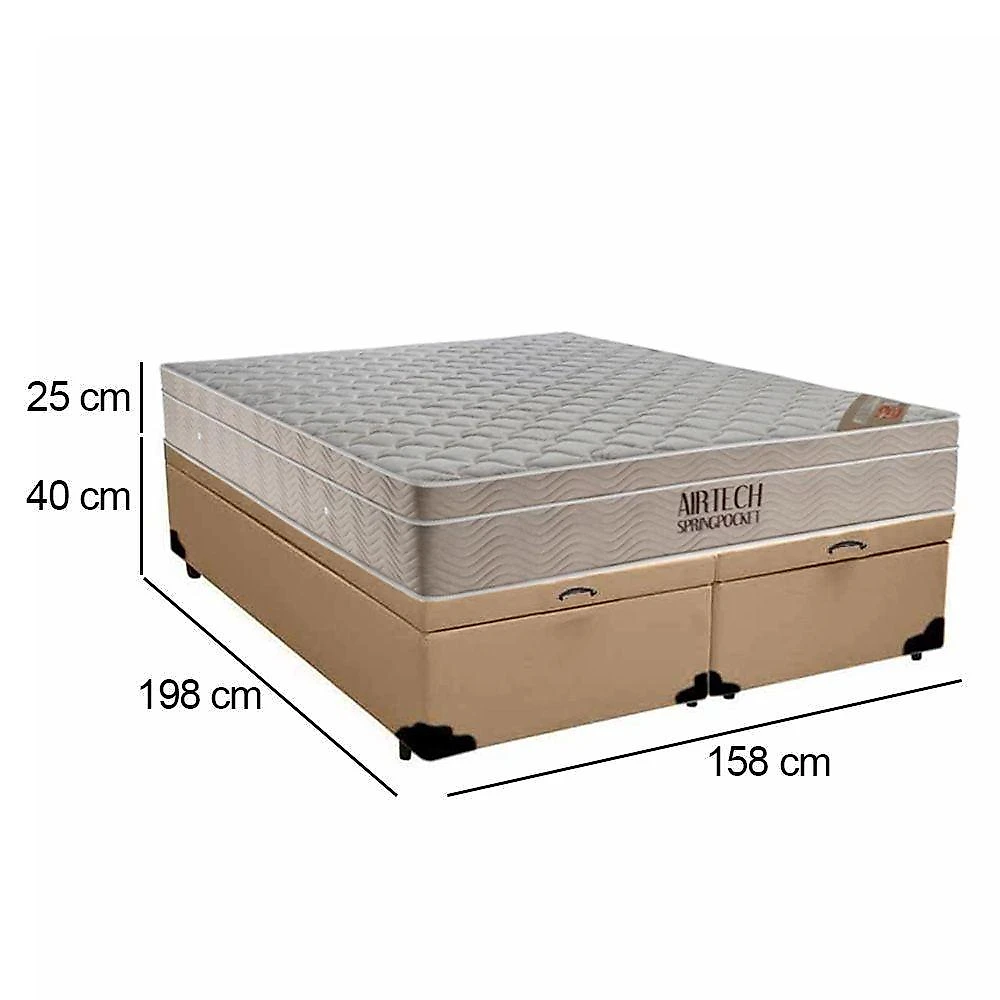 Cama Box Baú Queen Sintético Bipartido + Colchão Ortobom Airtech Molas Ensacadas 65x158x198 Cor:bege