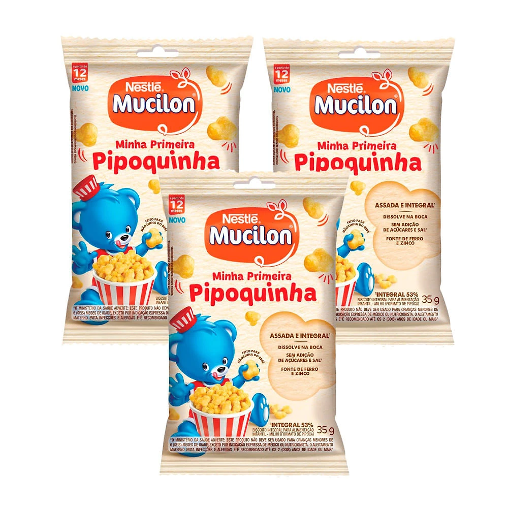 Kit 3 Snack Mucilon Minha Primeira Pipoquinha Assada e Integral 35g