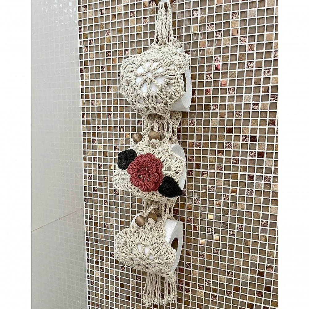Porta Papel Higiênico Crochê Artesanal Flor Bordado Algodão 3 Lugares Azul