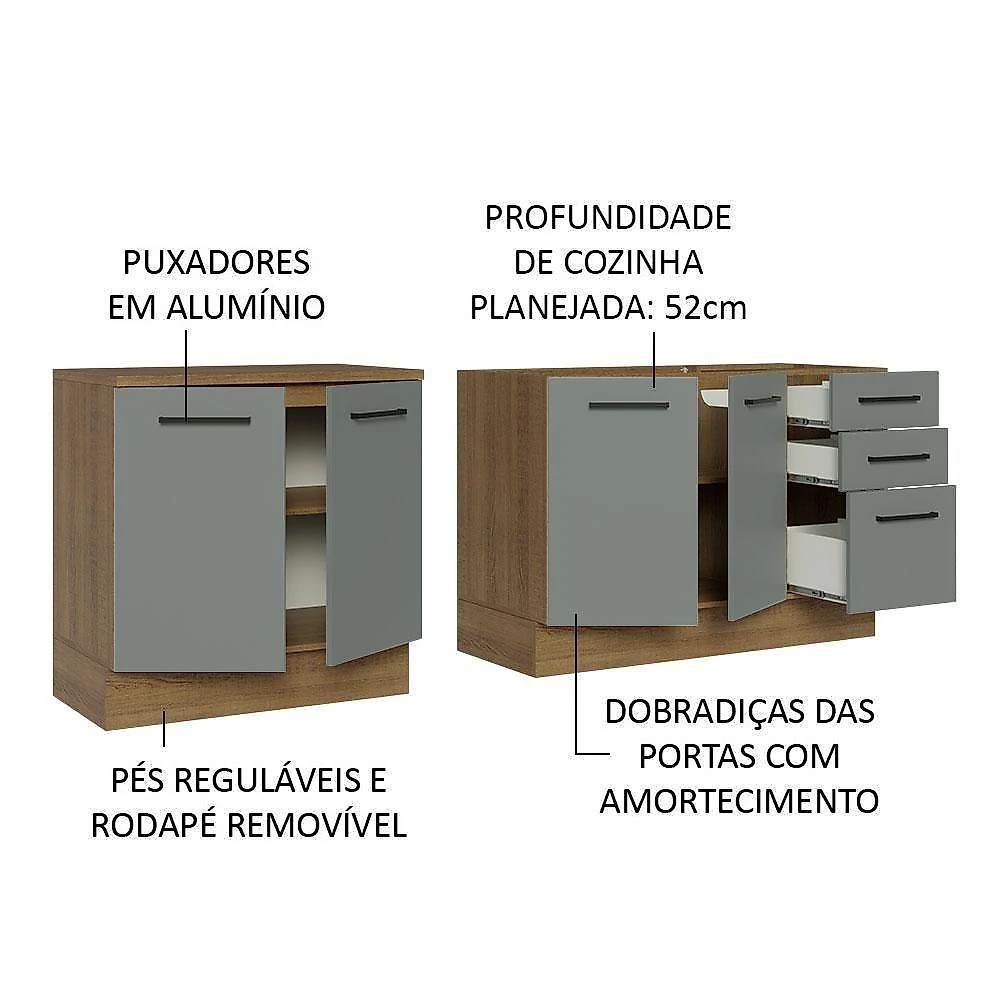 Kit Com 2 Balcões De Cozinha 3 Gavetas 4 Portas