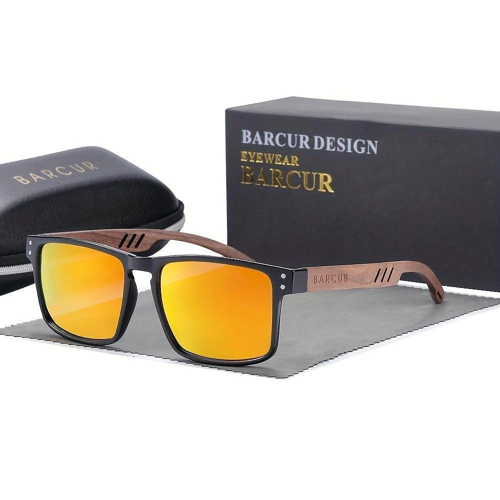 Óculos Em Design De Madeira Natural Com Lentes Degradê Laranja