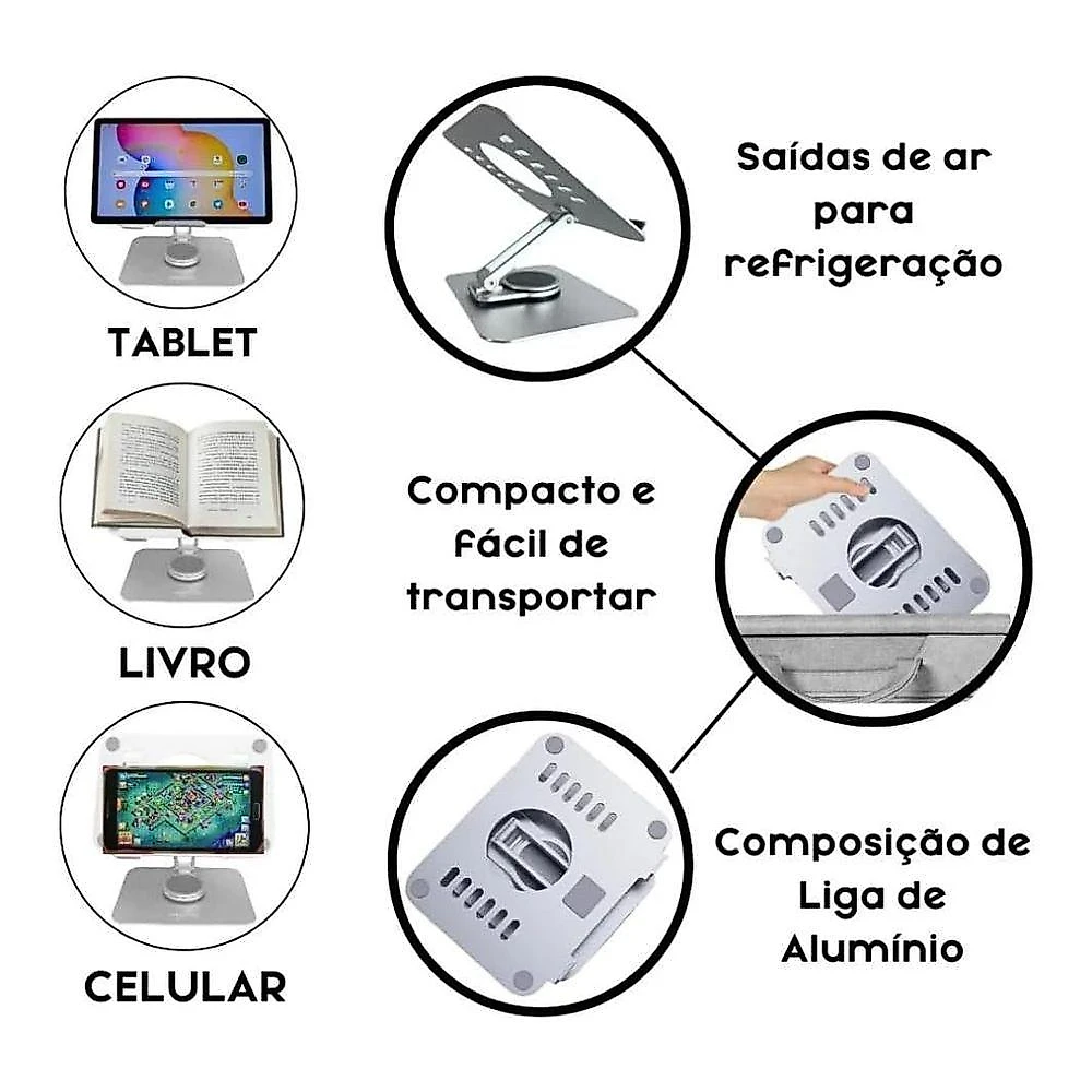 Suporte de Mesa Articulado para Tablet e Celular com Rotação 360 Cinza Holda