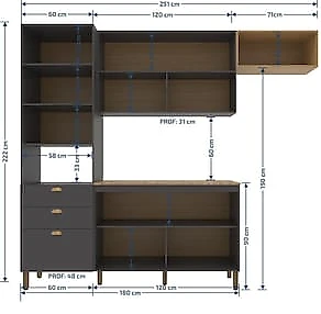 Armário de Cozinha Compacta 251cm Bartira Pérola 5 Portas 3 Gavetas MDP Finish Foil Grafite/Mel
