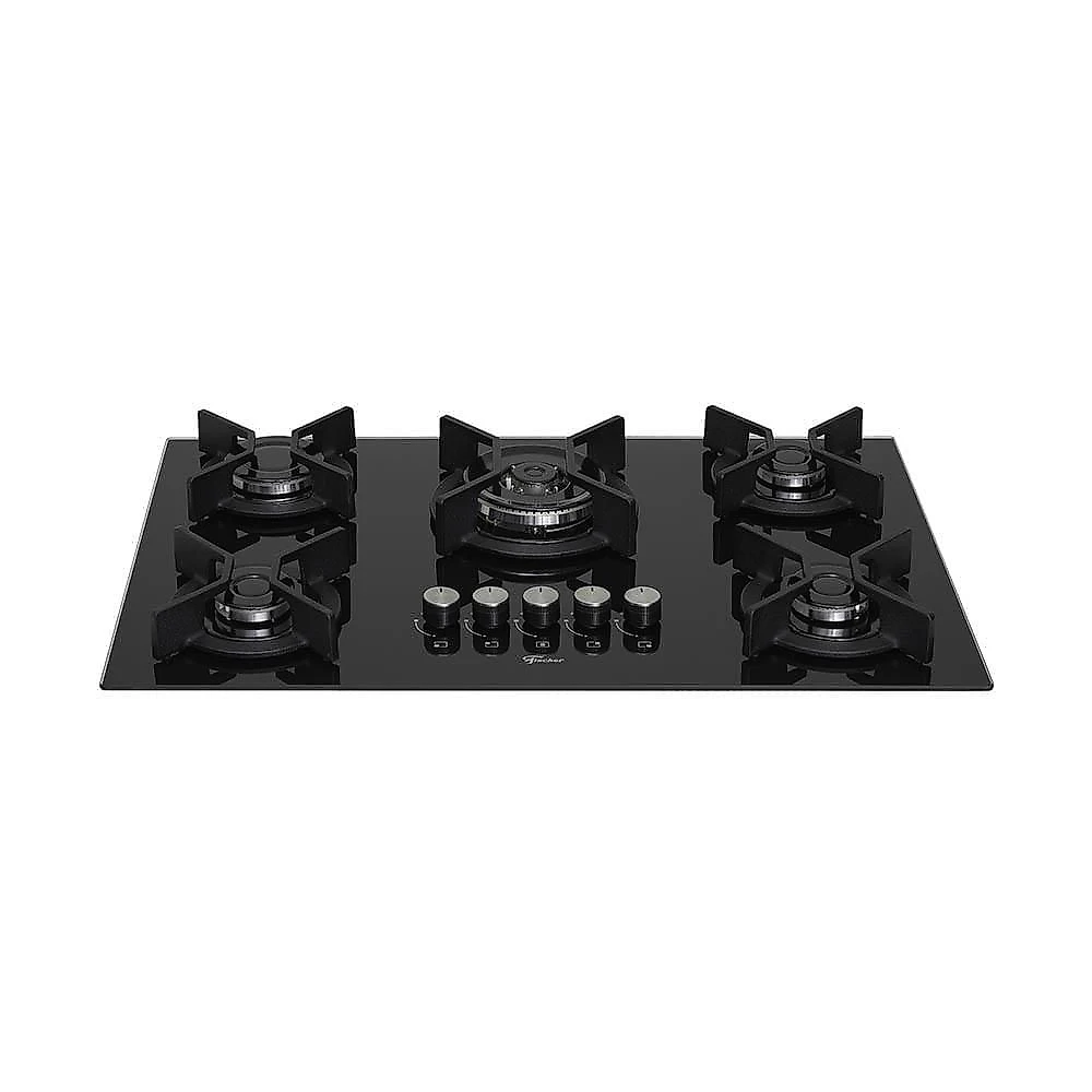 Cooktop 5 Bocas Fischer Infinity Trempe De Ferro Tripla Chama à Gás Mesa De Vidro Preto Bivolt
