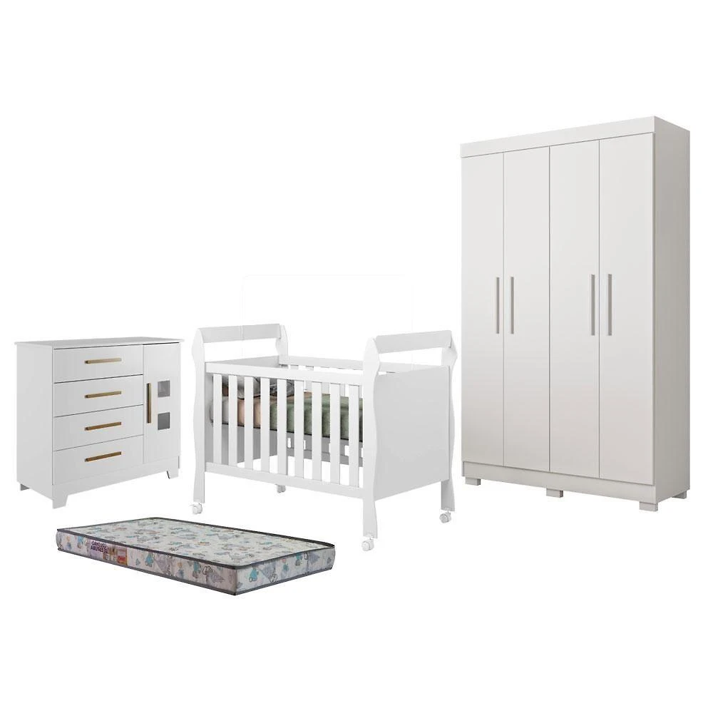Kit Quarto de Bebê Guarda Roupa Florida com Cômoda Fly e Berço Soninho com Colchão Sleep 4P 3G MDF