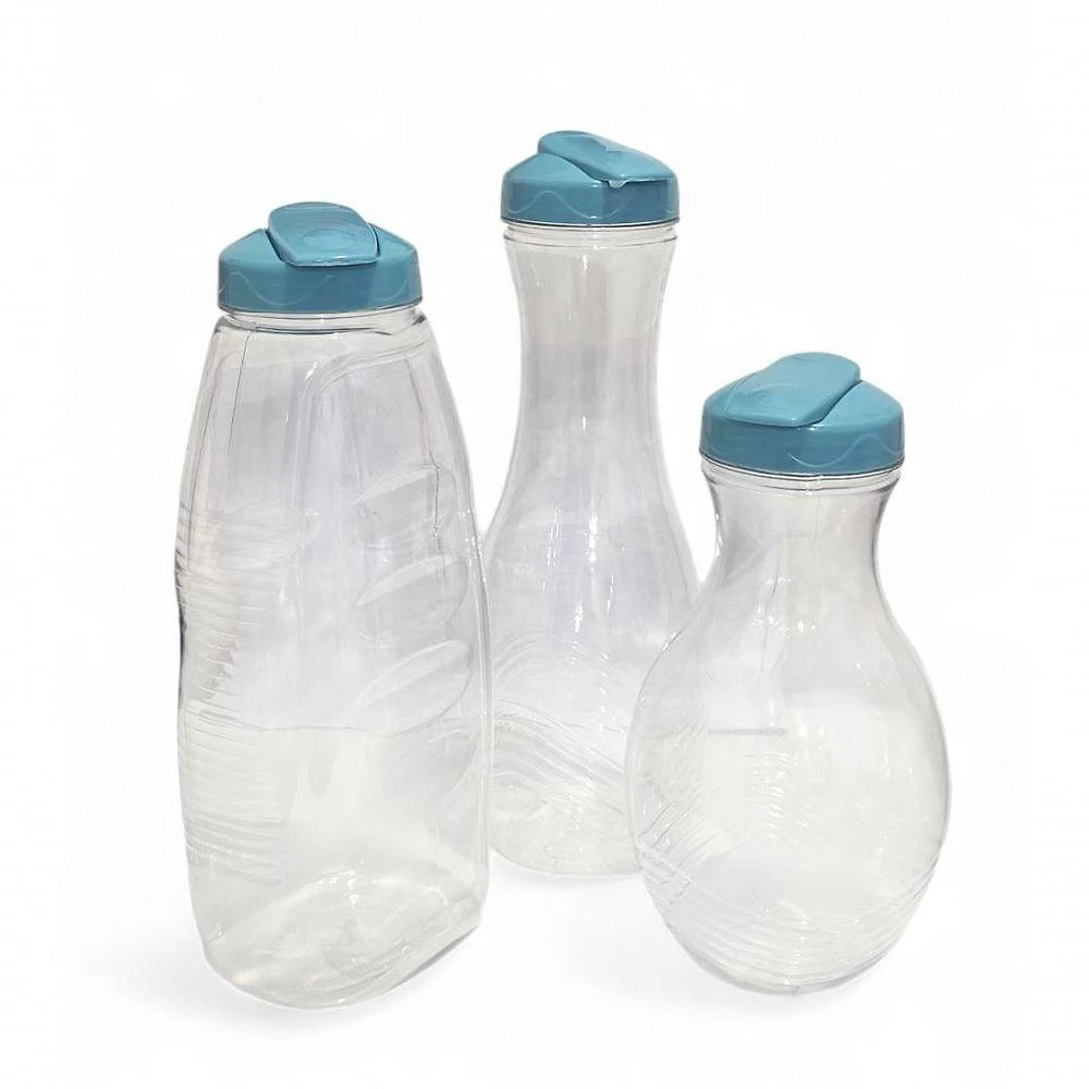 Kit 3 Garrafas Jarra para Bebidas Plástico Formatos Diferentes Azul