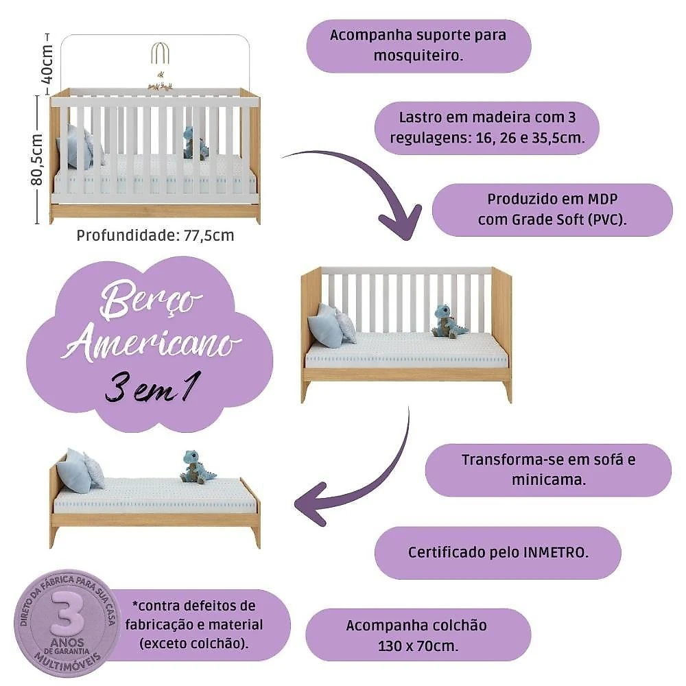 Quarto De Bebê Completo Berço Americano 3 Em 1 Colchão Doçura Multimóveis MP4670 Madeirado-off White