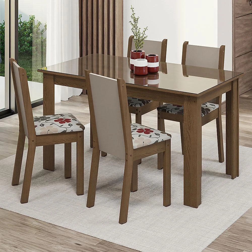 Conjunto sala de jantar mesa tampo de vidro 4 cadeiras rustic/crema/hibiscos suzy madesa