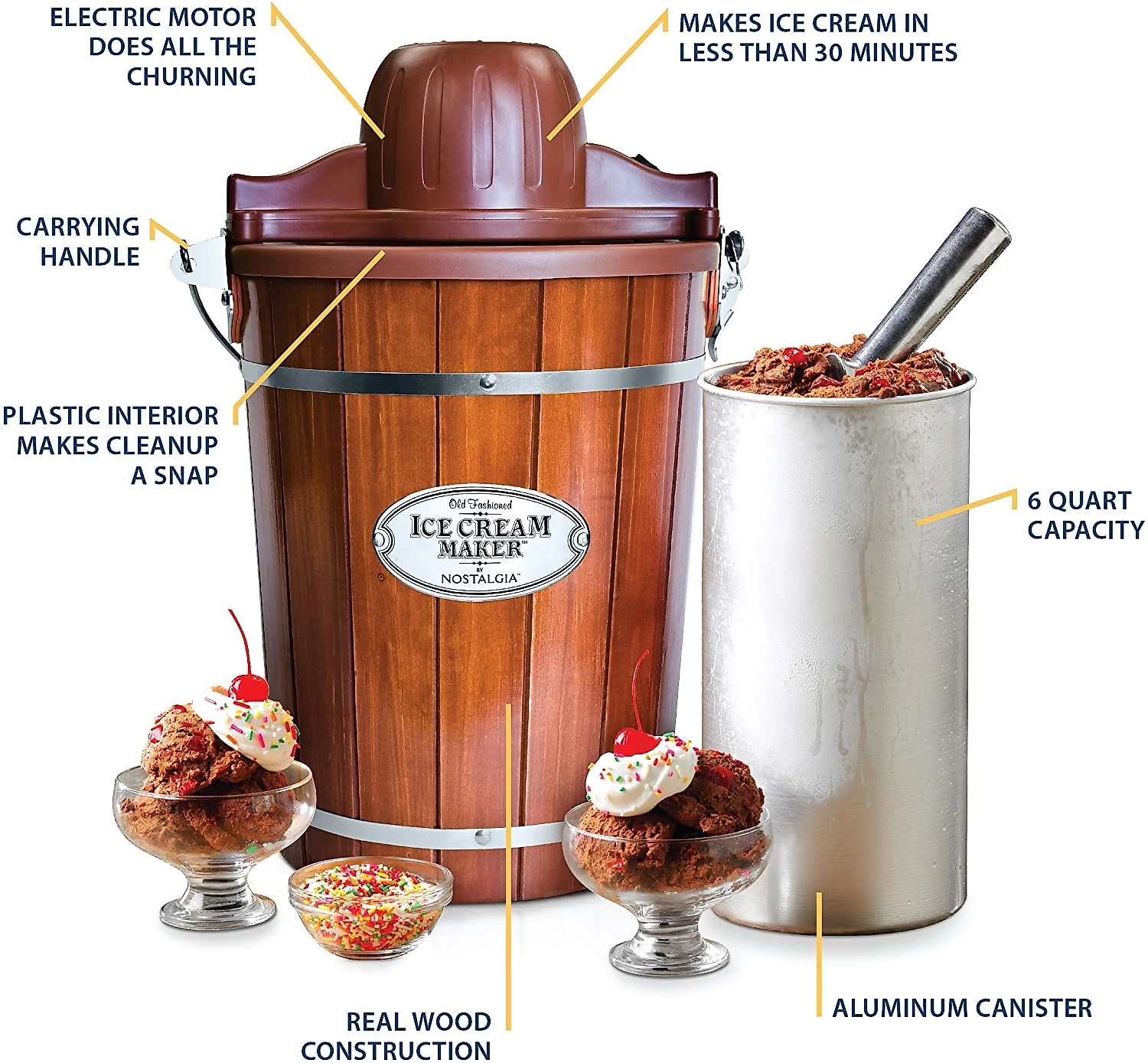 Nostalgia Sorveteira Elétrica Faz 55L Iogurte Congelado Gelato Feito de Madeira Marrom