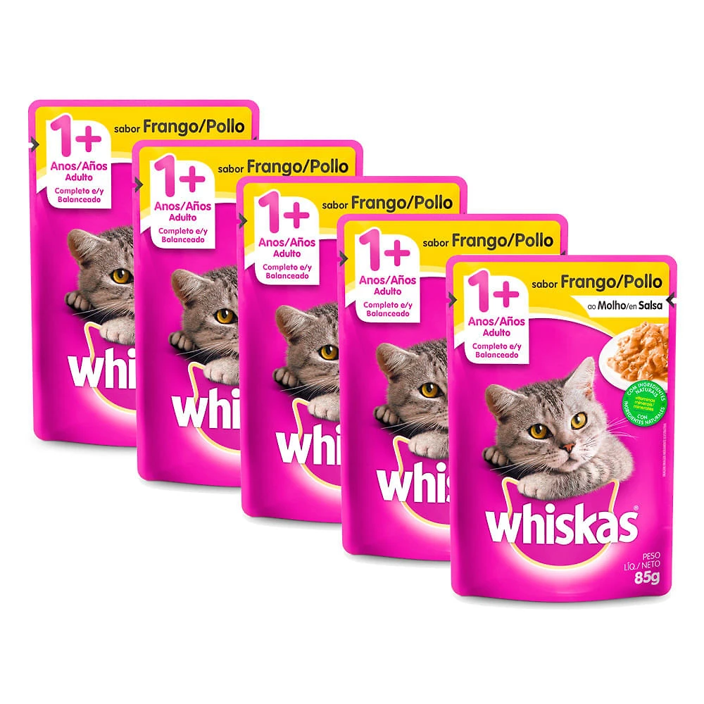 Ração Úmida para Gatos Whiskas Adulto 1+ Anos Sabor Frango ao Molho Sachê 85g | Kit com cinco unidades