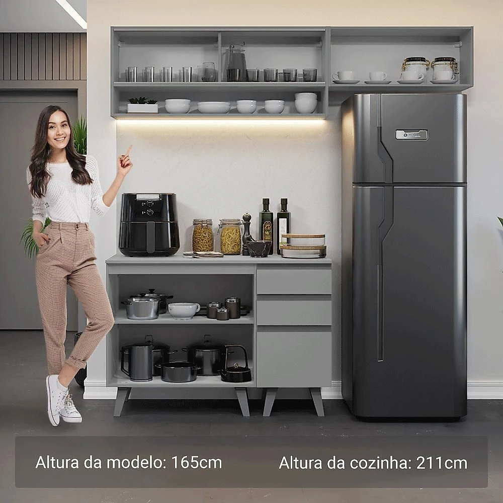 Armário De Cozinha Compacta 200cm Nice Madesa Xa14 Cinza