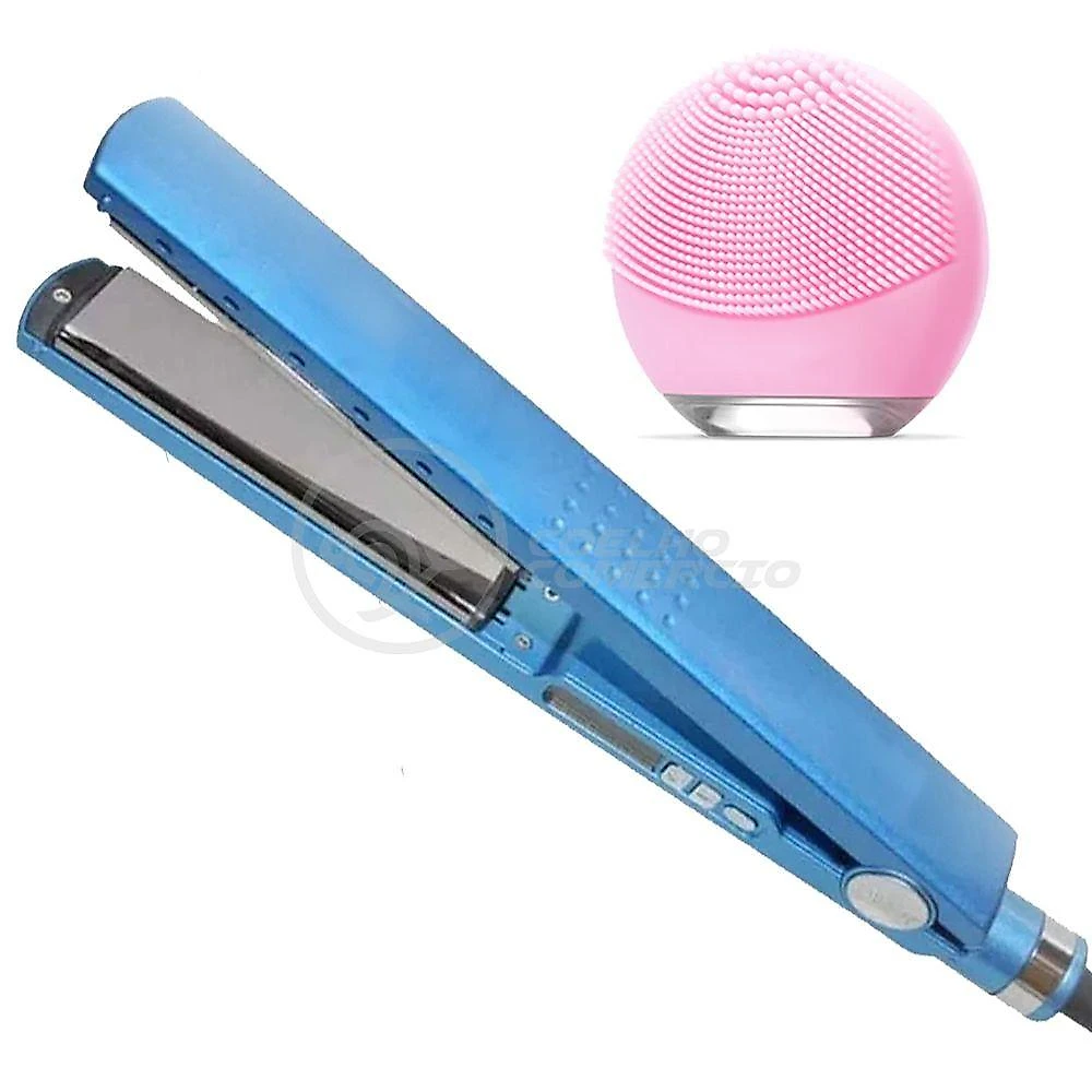 Kit 1 Prancha Nanotitanium + 1 Esponja Facial Rosa Bebê Nº13