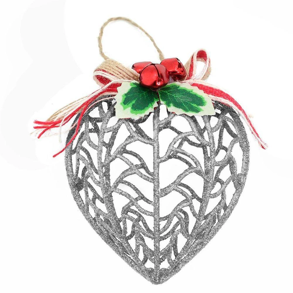 Kit Conjunto 9 Peças Decoração Enfeite Bola Coração árvore Natal Prata Glitter Natalina 11,5cm