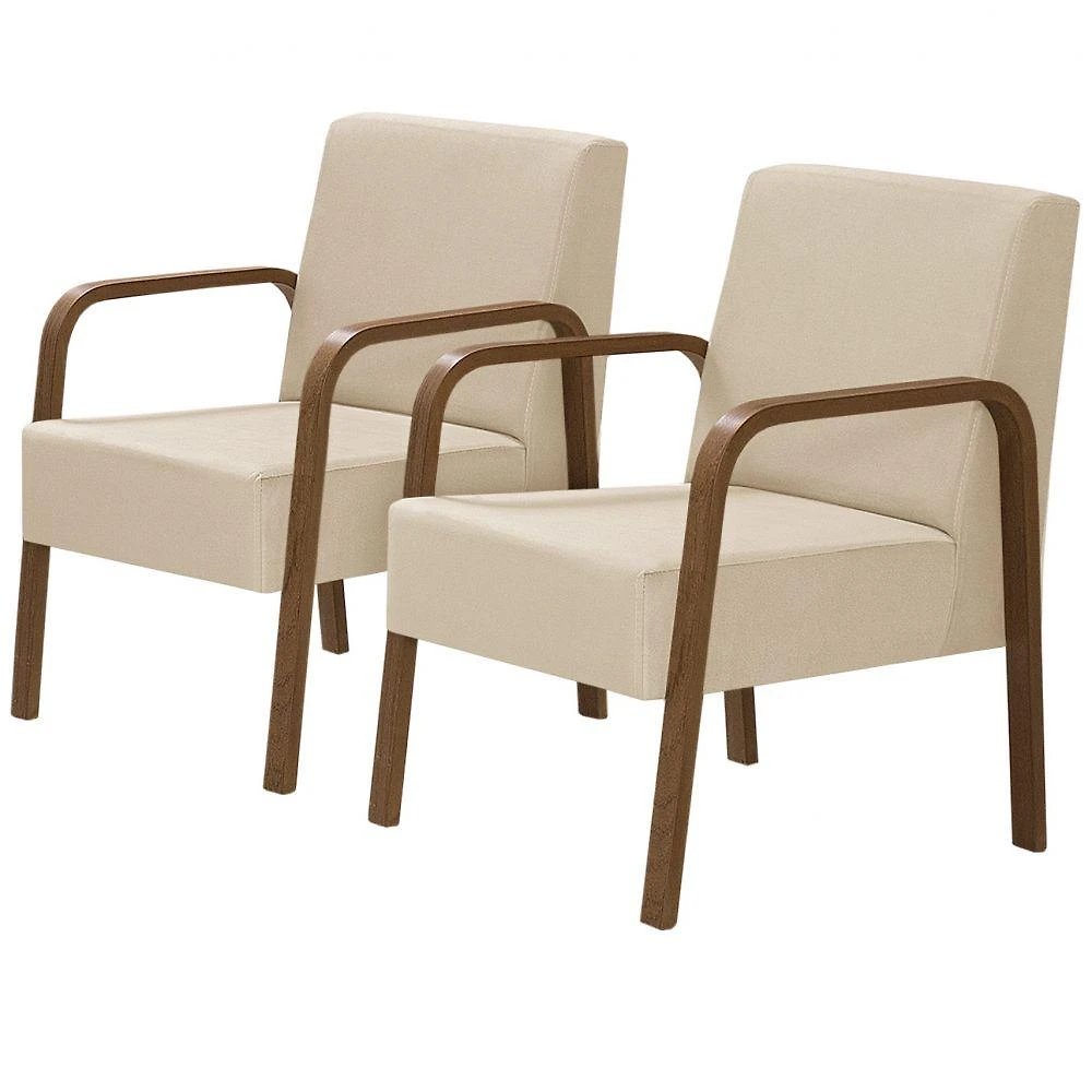 Kit 2 Poltrona 1 Lugar Jade Braço Madeira Suede Bege