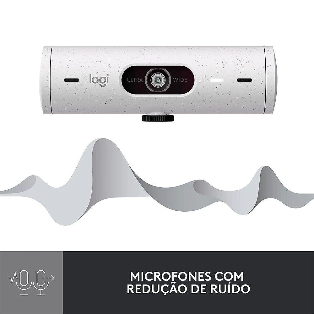Webcam + Suporte Logitech Brio 500 Full HD, 1080p, 30 FPS, com Microfones Duplos, USB, Suporte Incluso, Branco - 960-001426