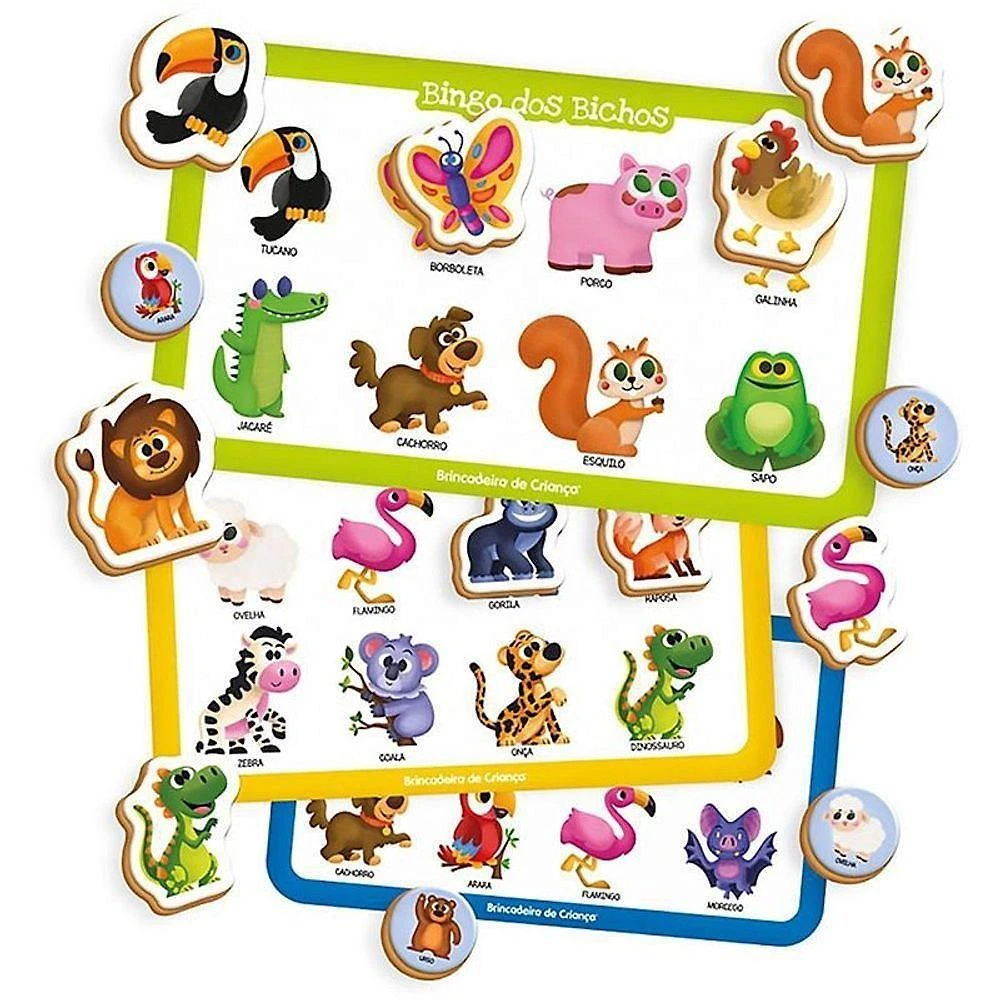 Jogo Educativo Bingo Pre School Bichos Madeira 68 Peças Brincadeira de Criança