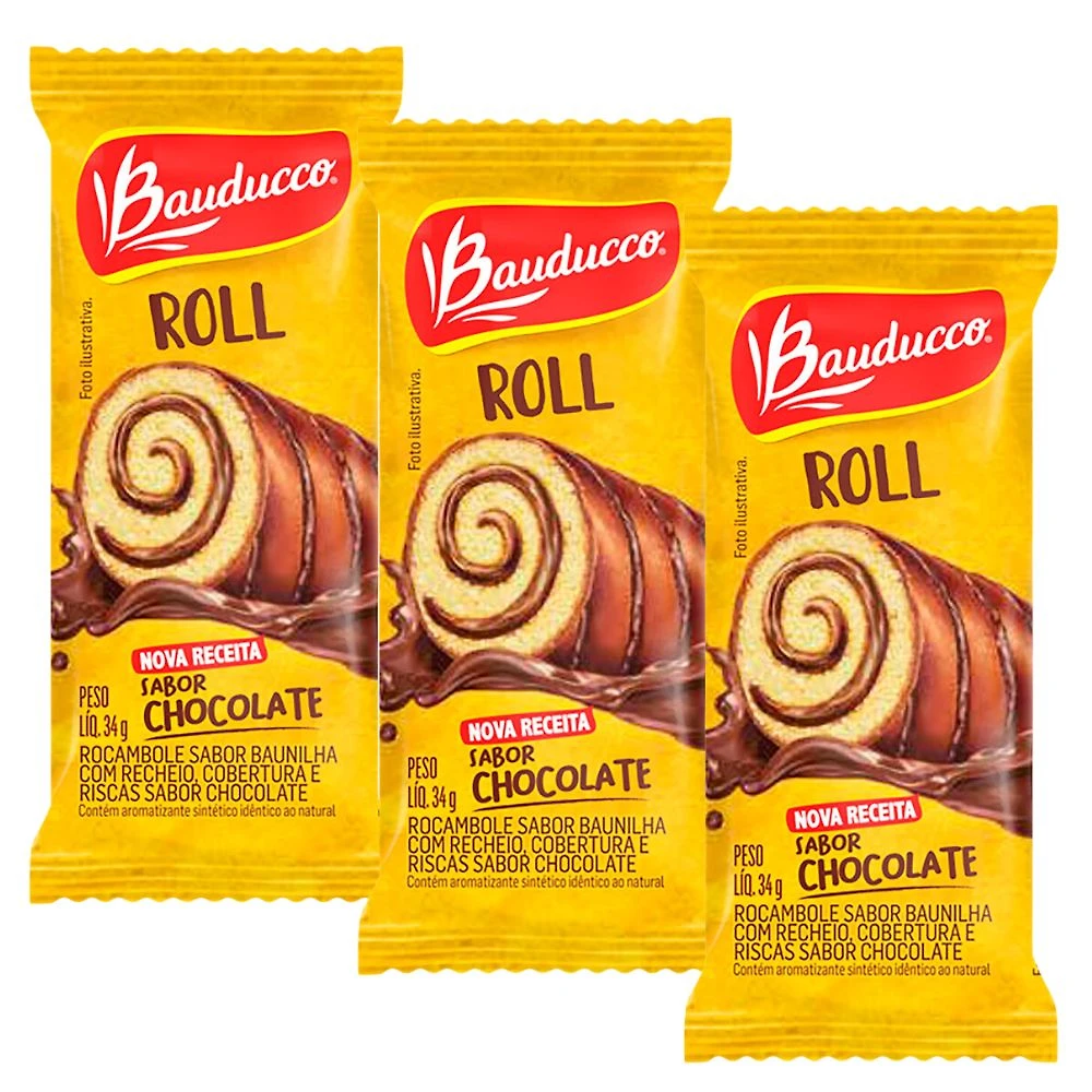 Kit 3 Bolinho Bauducco Rocambole Chocolate 34g