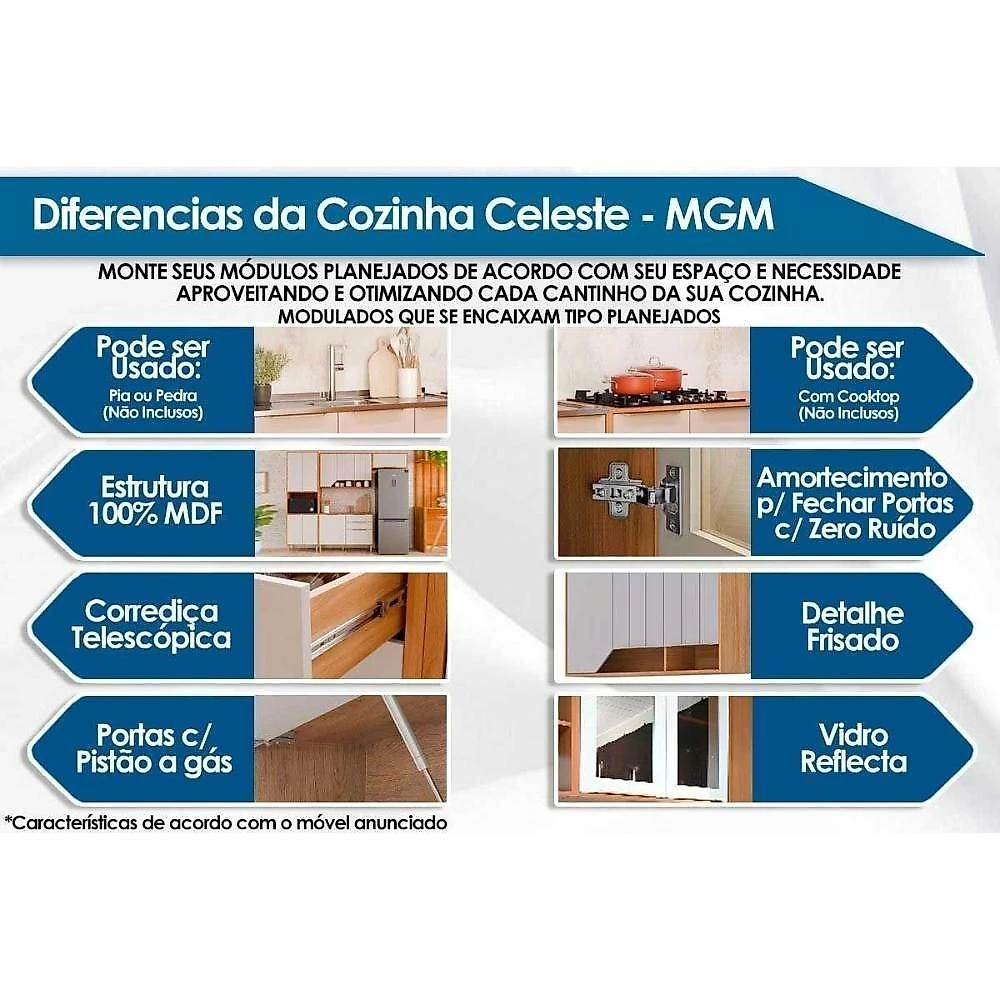 Cozinha Modulada Celeste 4 Portas 2 Gavetas MDF 120CM Cinamomo Off White MGM