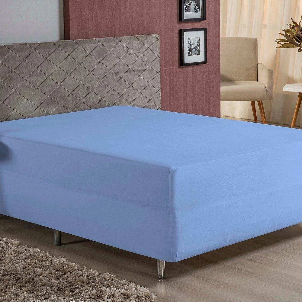 Lençol Com Elástico Queen Nobre 1 Peça Luva De Box 55cm De Altura Malha 100% Algodão - Azul-bebê