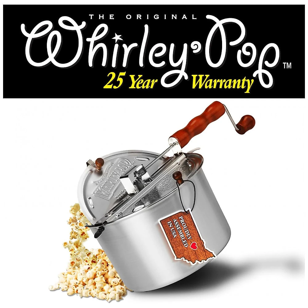 Pipoqueira de fogão Whirley Pop Wabash Valley Farms alumínio 5,7L cabo de madeira prata