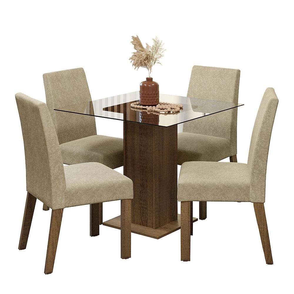 Conjunto sala de jantar mesa tampo de vidro 4 cadeiras rustic/imperial ivy madesa