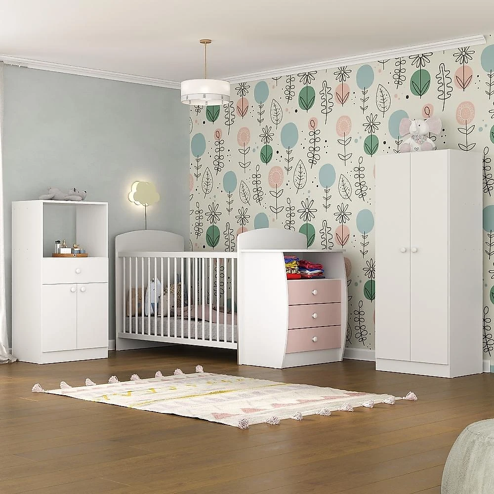 Quarto Infantil com Berço-Cômoda Laura Multimóveis Branco/Rosa