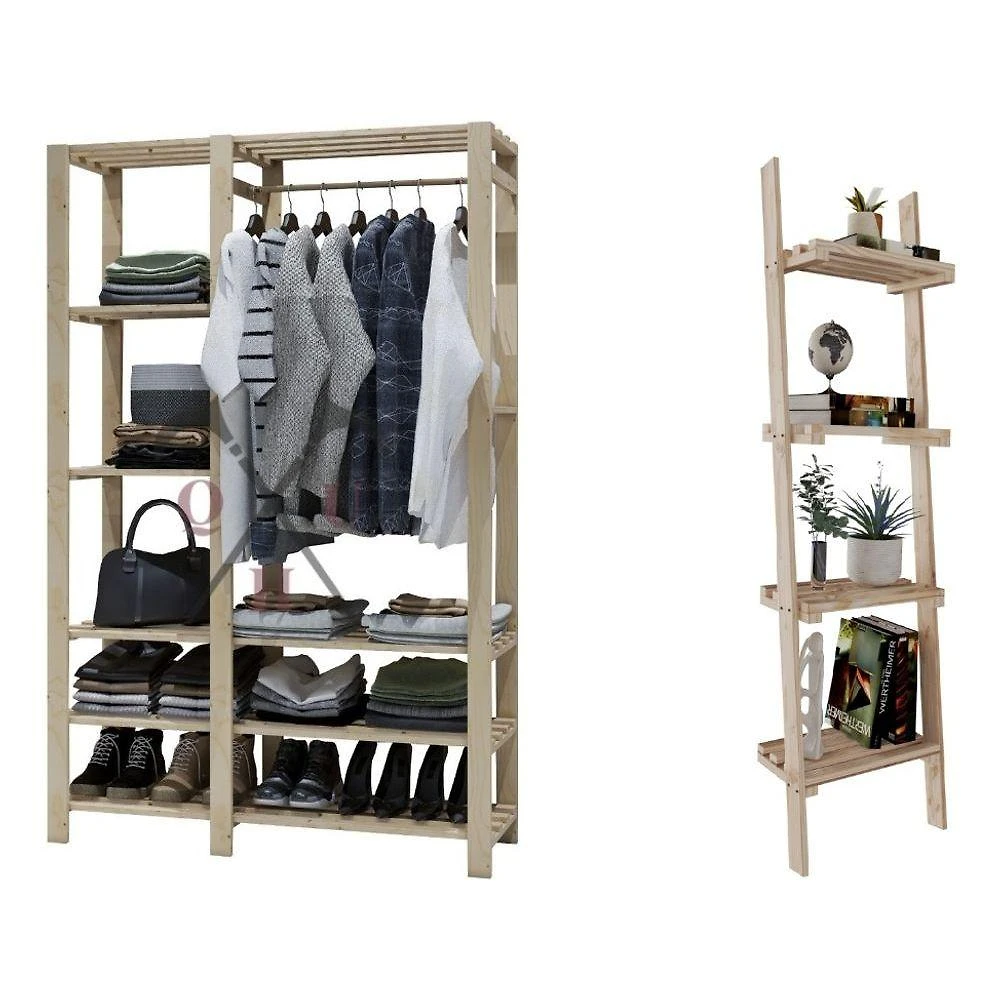 Kit Estante Exclusivo Decorativo Design Clássico Multiuso E Arara Roupas Dupla Chão Maceira Pinus Ca