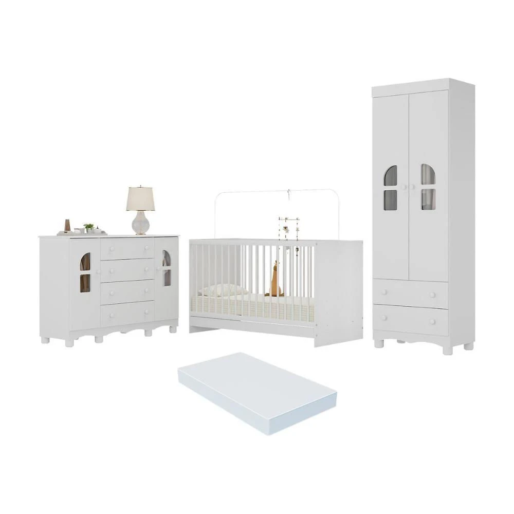 Quarto De Bebê Completo Com Berço 3 Em 1 Com Colchão Incluso Aurora Multimóveis MP4580 Branco