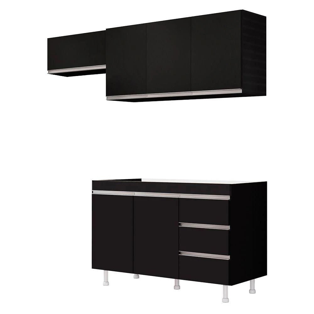 Cozinha Planejada Lux 3 Peças 100%mdf Balcão Gabinete Sem Tampo 119cm 3 Gavetas Preto - Abmaza