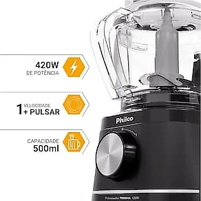 Processador de Alimentos Philco PMN04A 420W 500ml Trava de Segurança Preto 110V