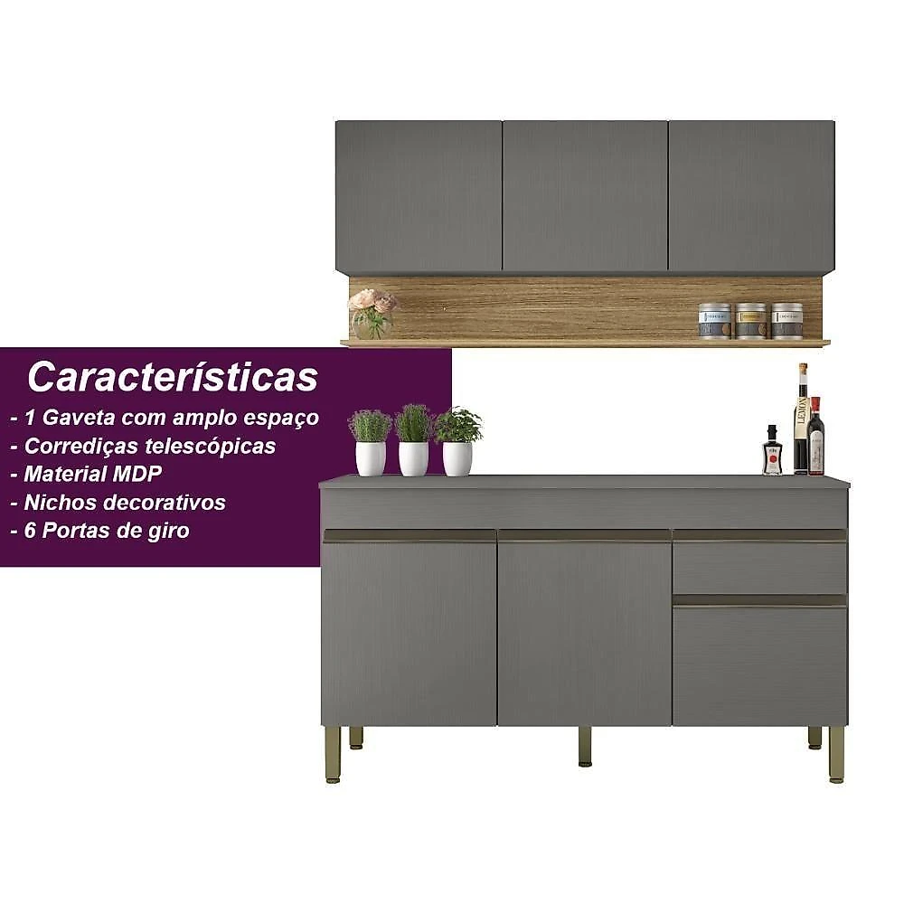 Kit Balcão De Pia Com Tampo E Aereo 150 Cm 6 Portas 1 Gaveta Madrid - Gris/gris/cp-freijó