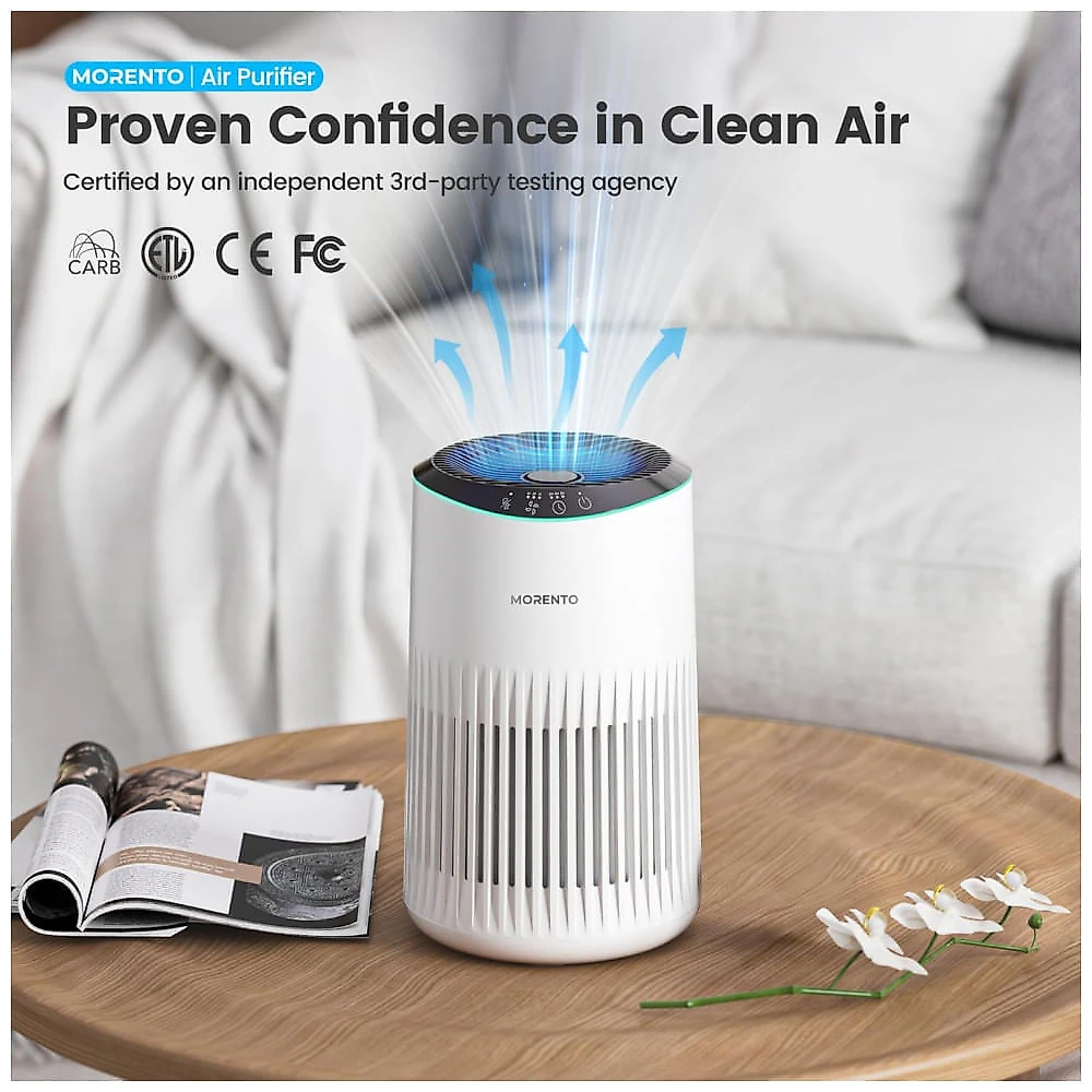Purificador de Ar MORENTO para Ambientes Domésticos, Elimina Fumaça, Pelos de Animais e Odores, Esponja de Fragrância, Modo Silencioso para Dormitório