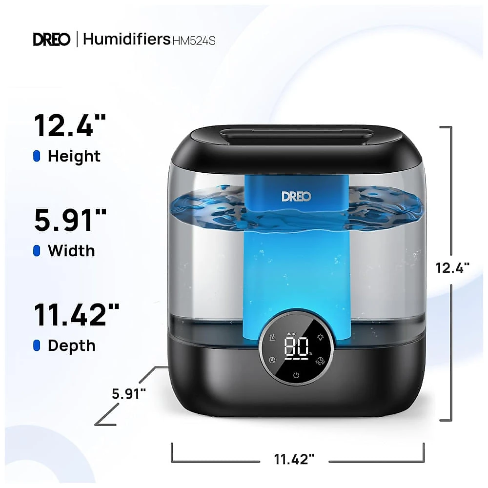 Umidificador Inteligente Dreo para Quarto, Top Fill de 6L de Névoa Fria para Ambientes Grandes, 60 Horas de Autonomia, Silencioso, Luz Noturna, Preto