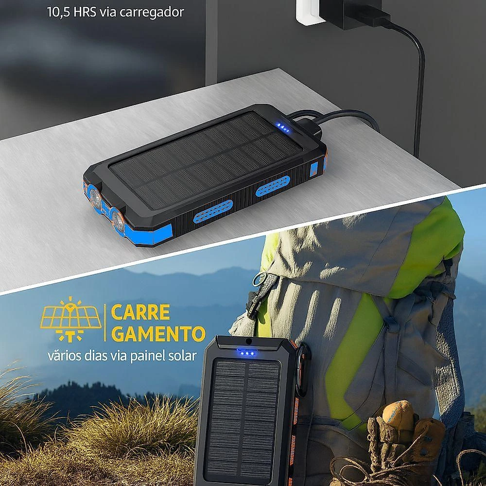 Power Bank Solar 10000mah Com Lanterna Led Sos – Carregador Portátil Usb à Prova De Respingo, Quedas E Poeira - Azul