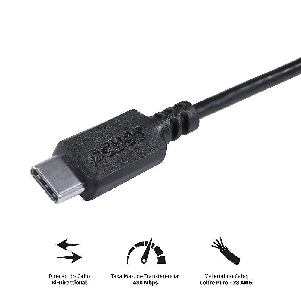 Cabo Para Celular Usb Tipo C 2.0 Para Usb Tipo C / Type C 2 Metros Preto - Pucp-02