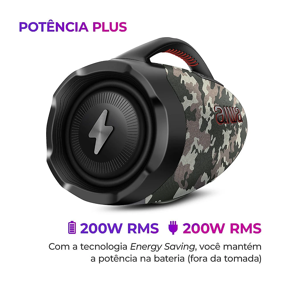 Miniatura Caixa de Som Boombox Plus AIWA BBS-01-BG 200W BT 30H IP66 USB Cinza BOOMBOX AWS-BBS-01-BG BIVOLT
