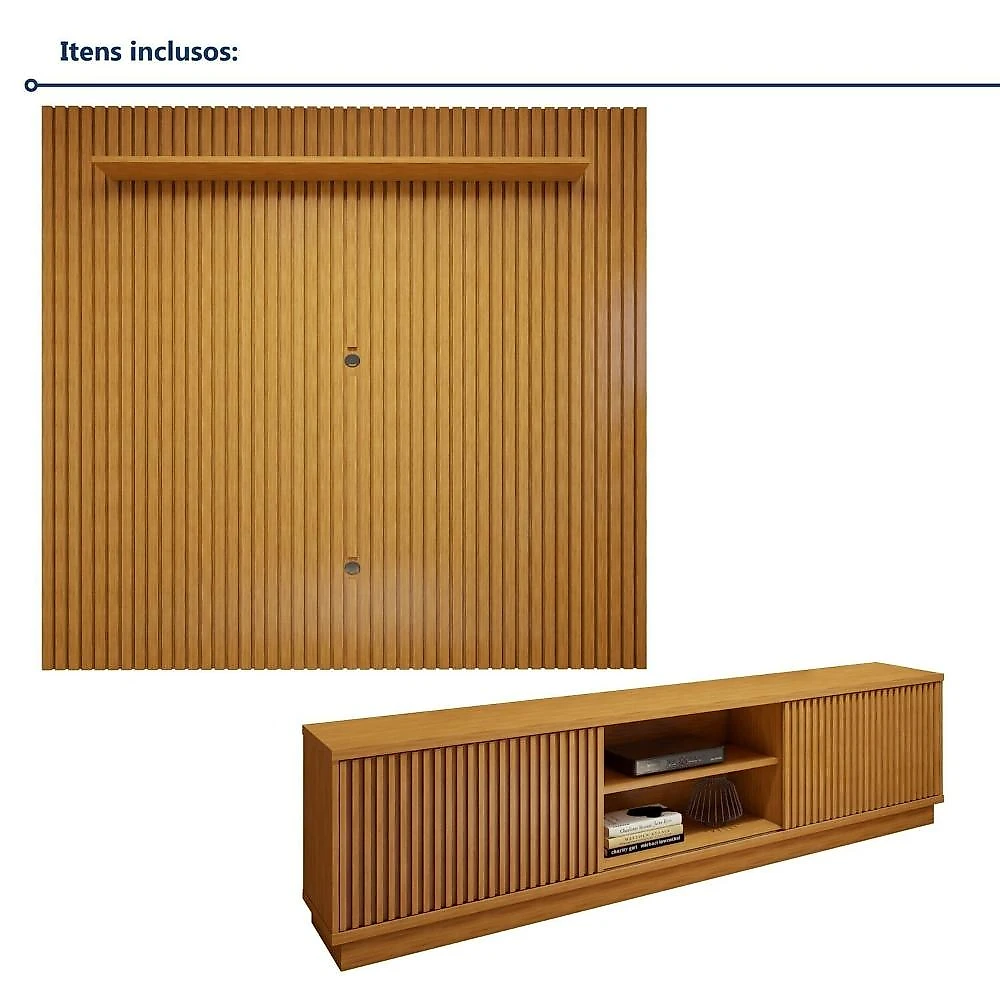 Rack com Painel para TV até 75 Polegadas Ripado 100% MDF sem Led 220cm Paris Arezzo Conjunto Rack Arezzo 220cm com Painel Ripado para Tv de até 75 Polegadas Paris Naturalle
