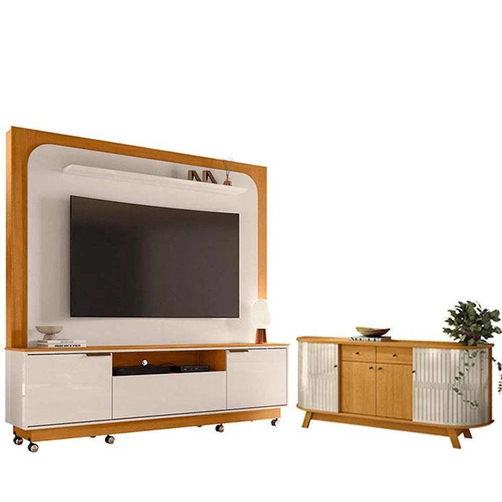 Estante Home Theater Nilo Com Rodízios Com Aparador Para Sala Buffet Mônaco Cinamomo Off White - Madetec