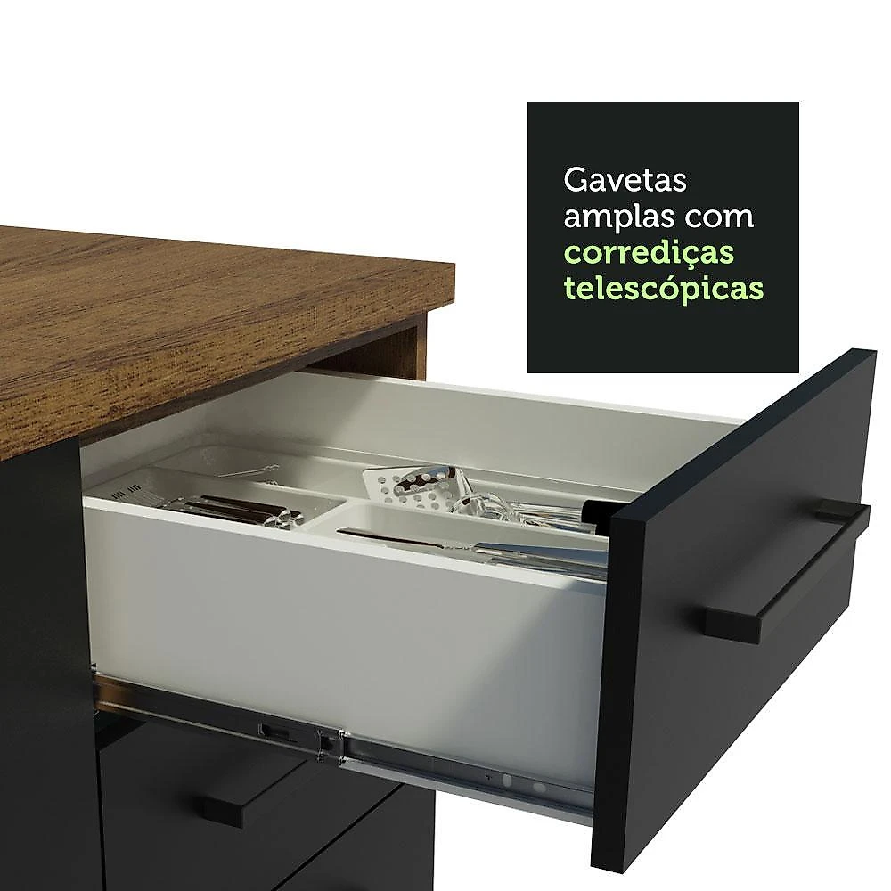 Balcão de pia armário de cozinha 2 portas e 3 gavetas (com tampo) rustic agata madesa rustic/preto