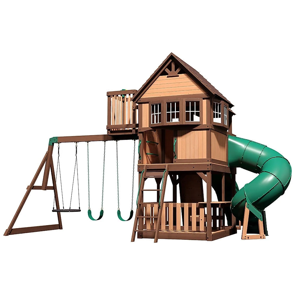 Playground de Madeira Externo com Balanço, Escorregador, Parede de Escalada e Mais para Crianças de 3 a 10 Anos, Backyard Discovery, Verde 110v