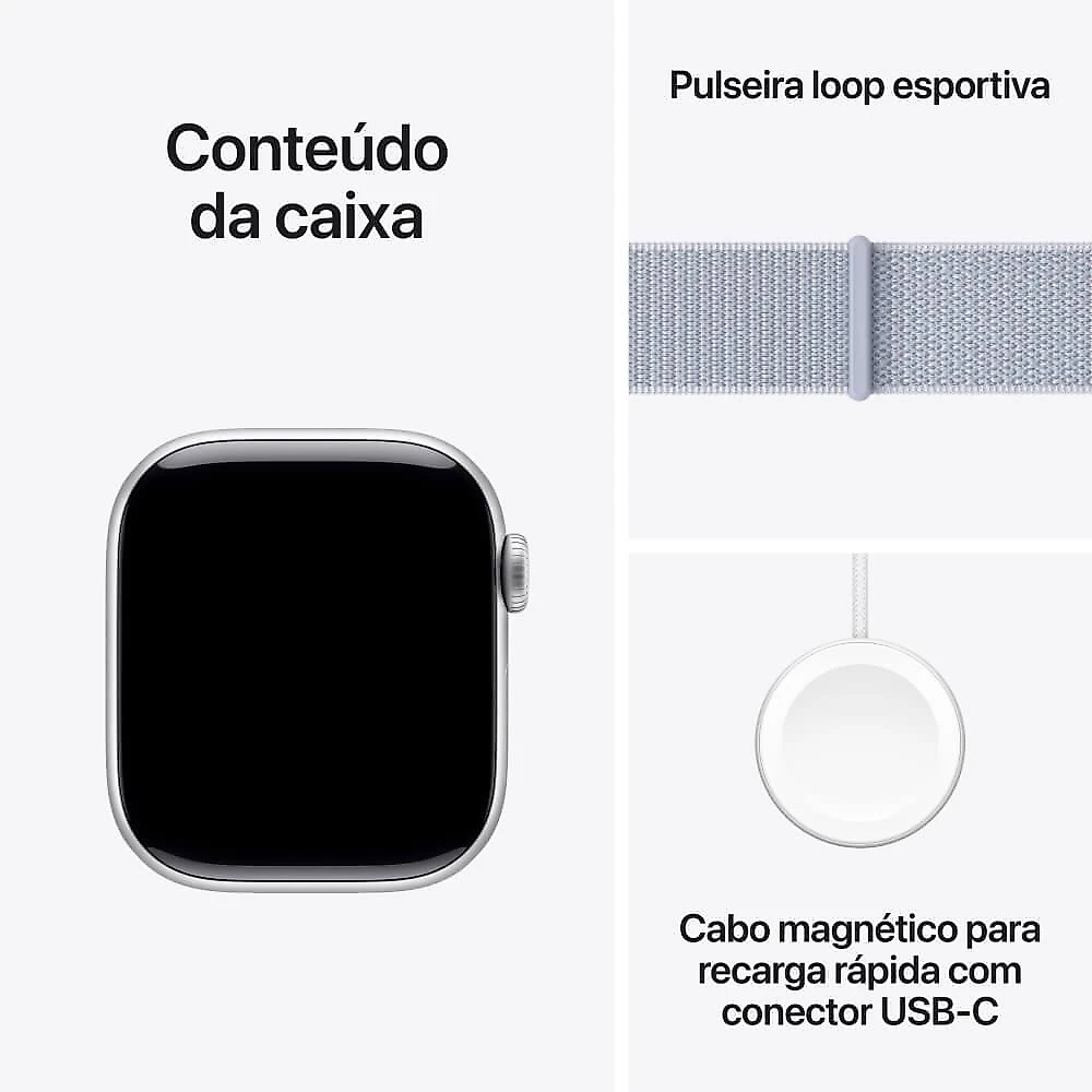 Apple Watch Series 10 GPS + Cellular • Caixa prateada de alumínio – 42 mm • Pulseira loop esportiva nuvem azul