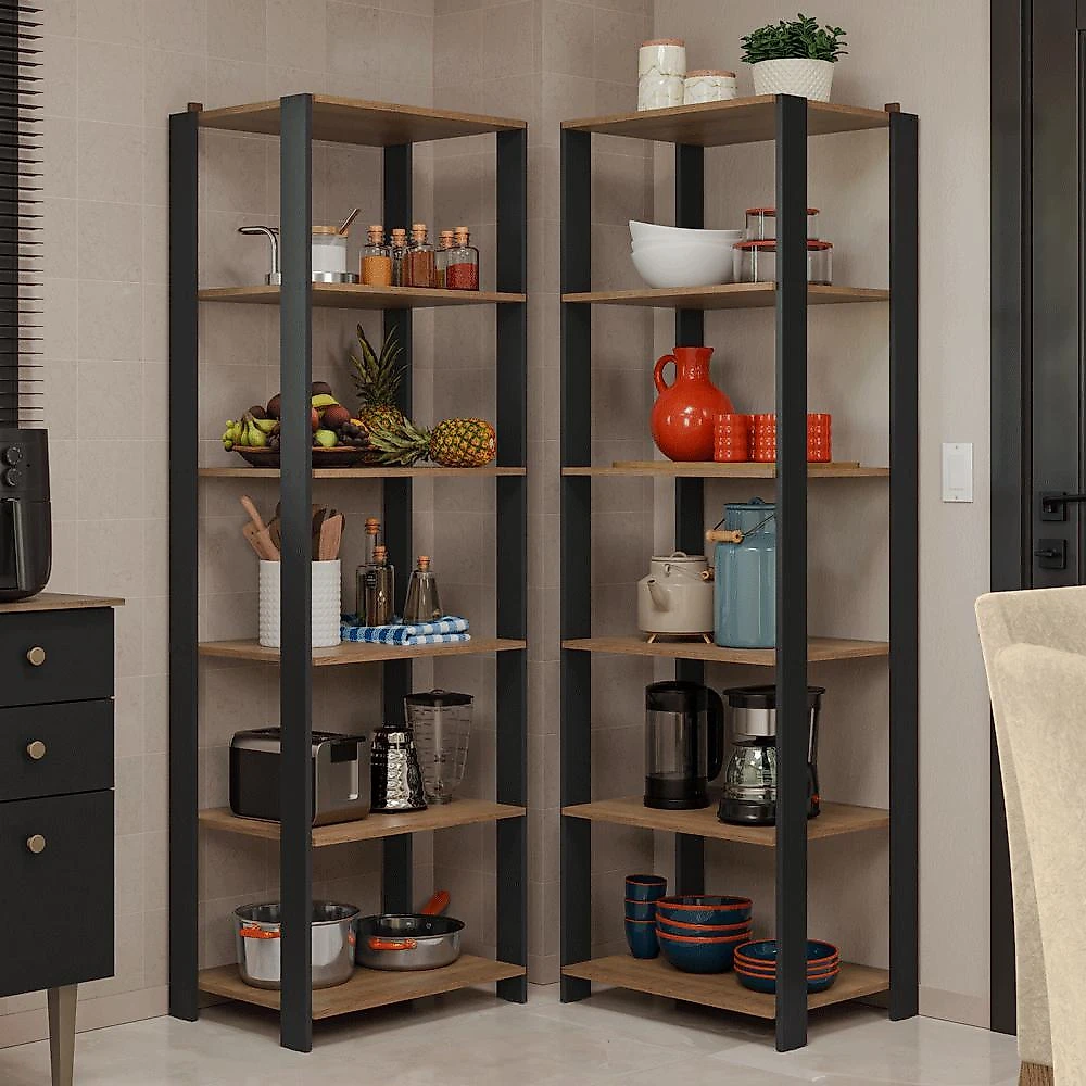 Armário estante multiuso organizador de canto 10 prateleiras 118cm rustic/preto madesa