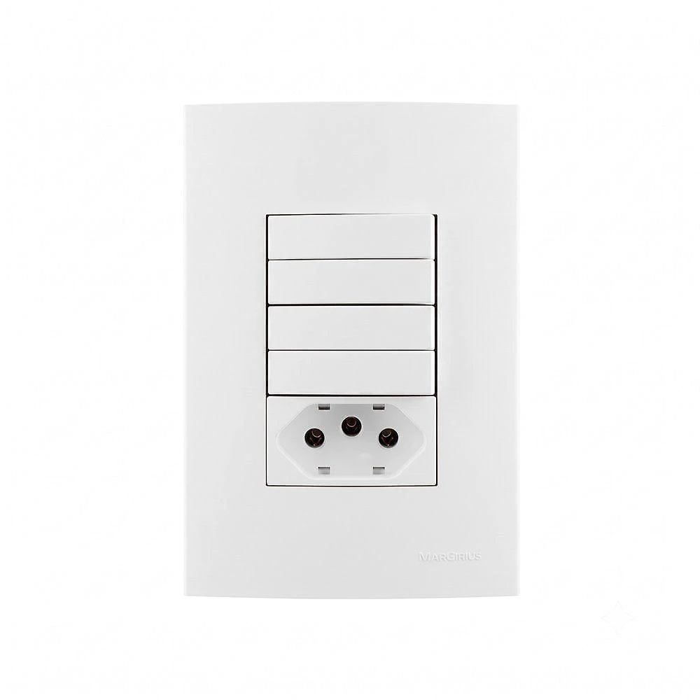 Interruptor Simples Duplo e Tomada Clean com 4 Teclas Branco Margirius 2P+T 20A