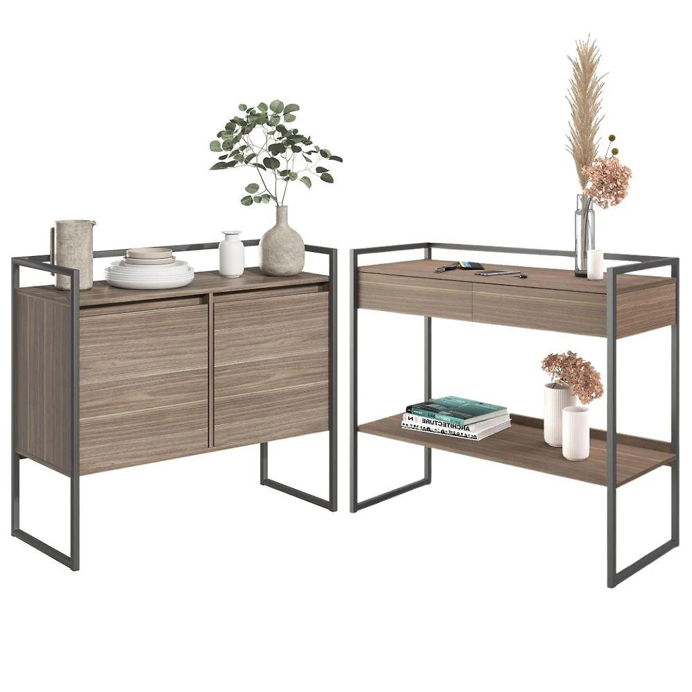 Conjunto de Buffet e Aparador Bella Vista Industrial 2 Portas 1 Gaveta MDP Marrom Plata Móveis