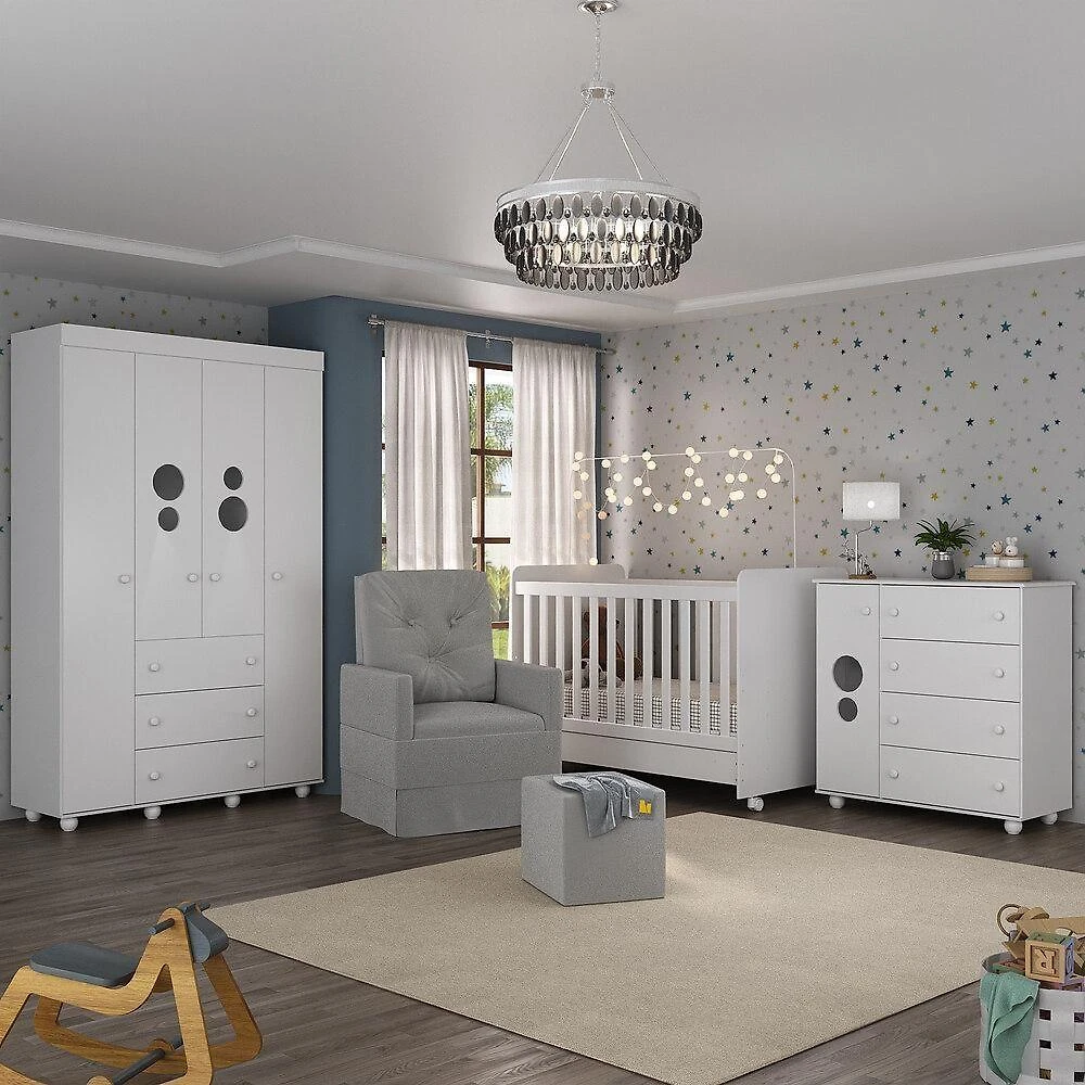Quarto Completo Com Poltrona De Amamentação E Puff Pimpolho Mp4079 Branco/Cinza Branco/Cinza