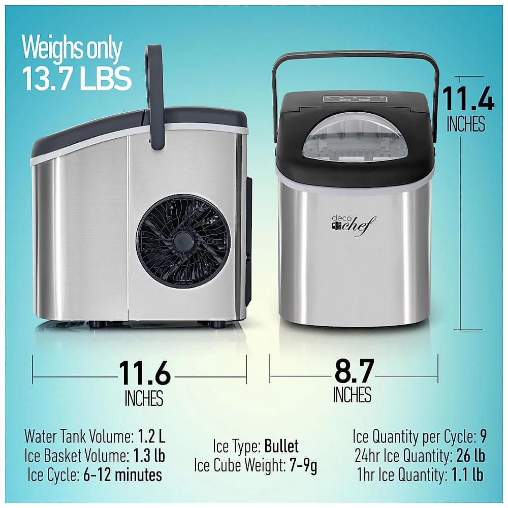 Máquina de Gelo com Capacidade para 11 kg em 24H, Alça, Colher e Cesta de Gelo, 110V, Deco, Prata