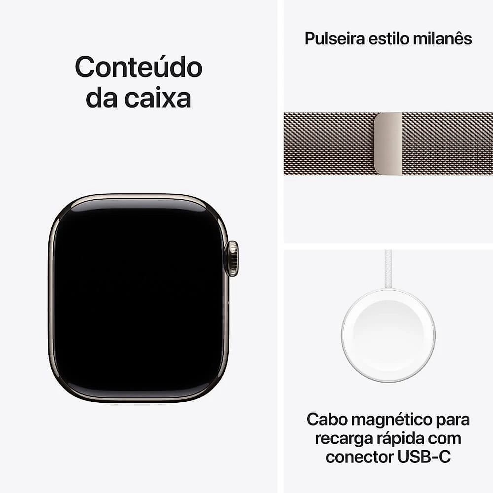 Apple Watch Series 10 GPS + Cellular • Caixa natural de titânio – 42 mm • Pulseira natural estilo milanês