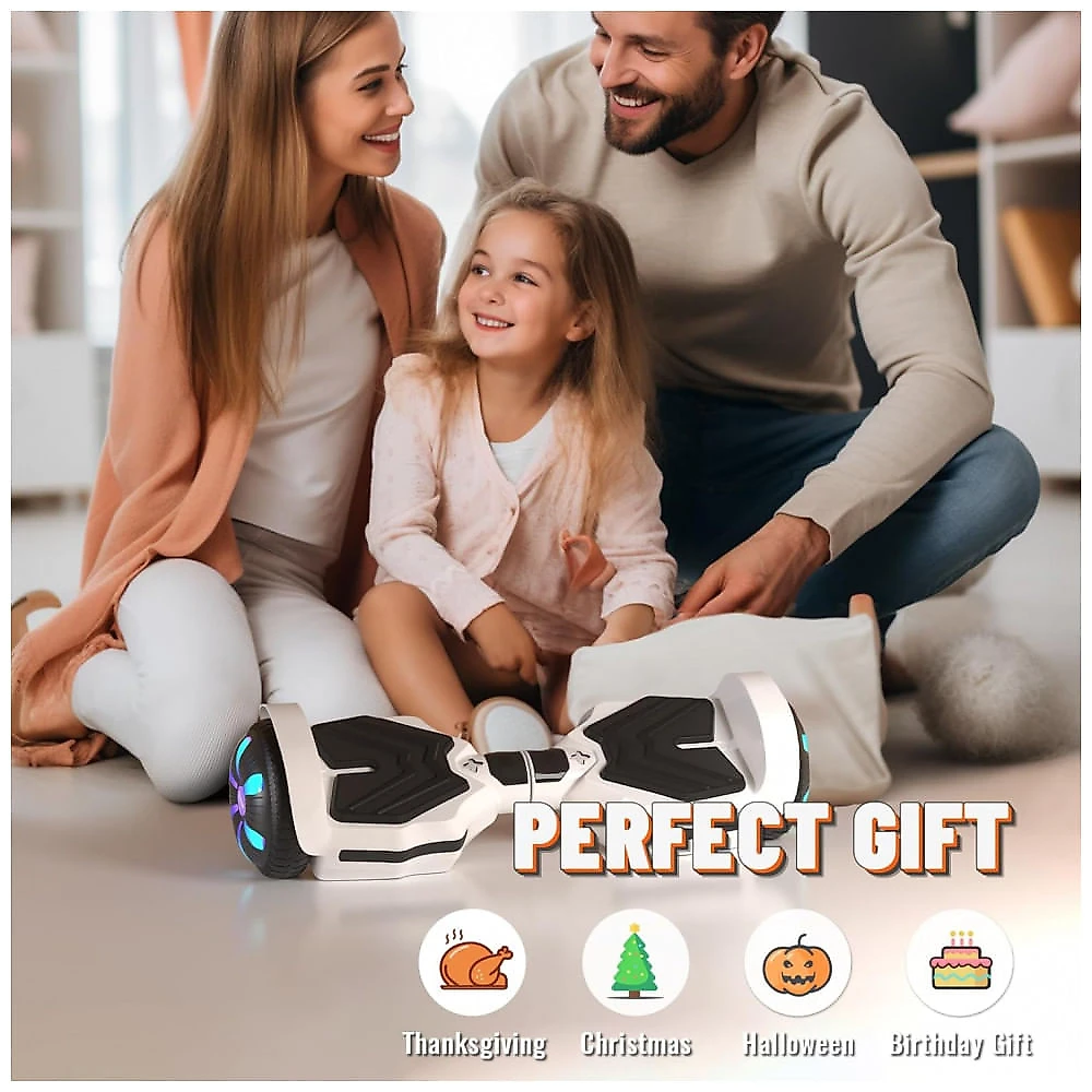 Hoverboard SIMATE Branco 6,5" com Luzes LED, Bluetooth e Certificação UL2272 – Até 13,7 km/h, Autonomia de 12,8 km