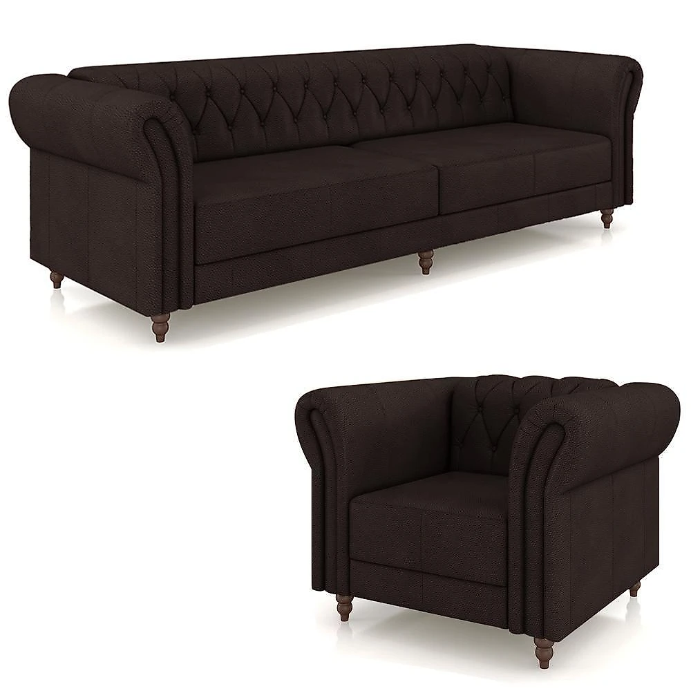 Conjunto Sofá Stanford Chesterfield G58 3 Lugares 260cm Marrom Couro Gran Belo