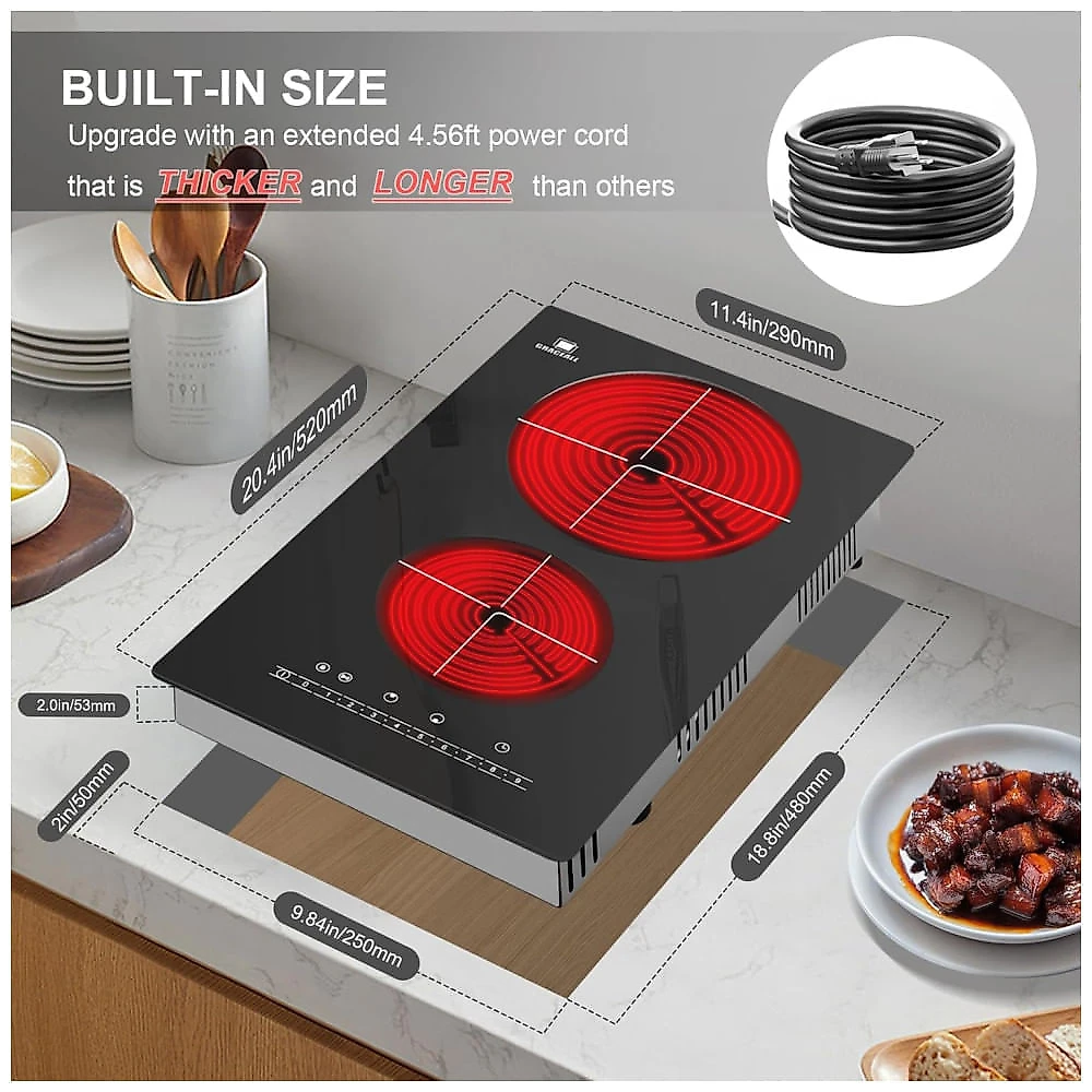 Cooktop Eltrico de Infravermelho Porttil com Queimador Duplo, Placa de Aquecimento de Cermica e Compatvel com Embutido ou Bancada, 110V 2000W, 110v